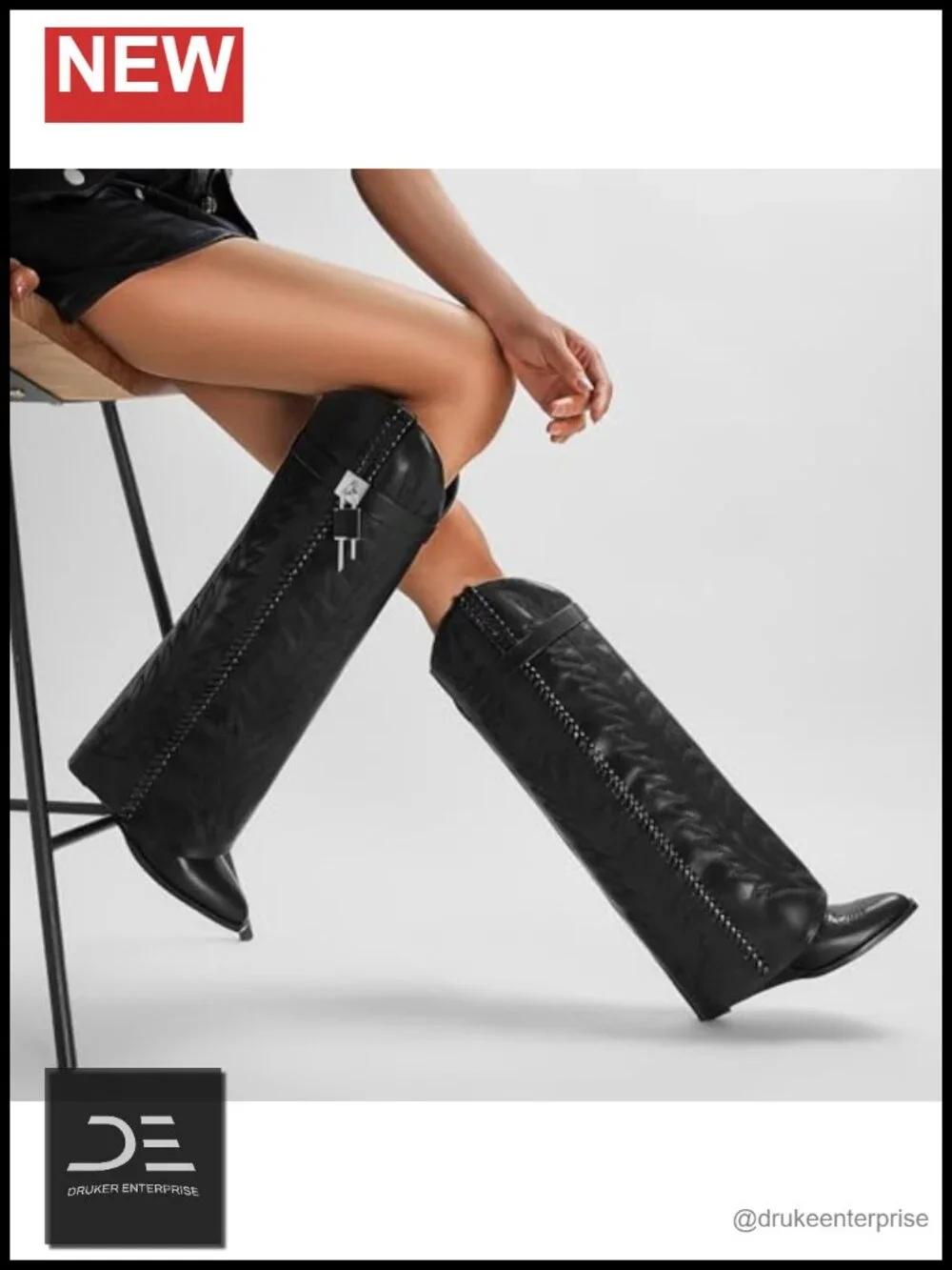 Fold Over Knee High Wedge Boots Embroidered Western Cowboy Denim Pointed Toe